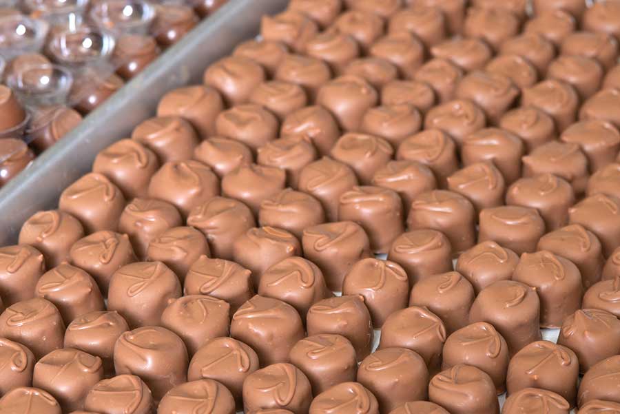 A tray of homemade chocolate covered candy at Vasilow's