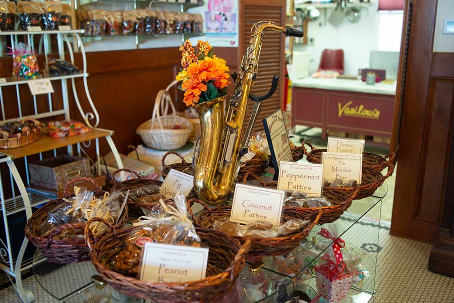 Closeup of table of homemade candies found at Vasilow's candy store in Hudson NY